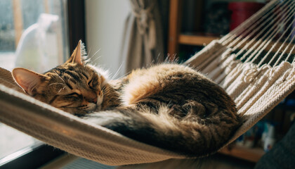 Cat Resting Comfortably in Hammock at Home