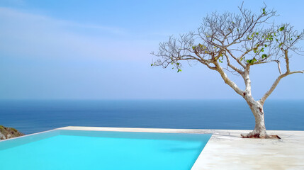 Infinity pool ocean view luxury resort minimal design blue water serene landscape tropical coast bare tree modern terrace summer travel