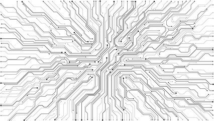 Plakat Digital circuit board background showcasing white electronic patterns. Vector tech design with semiconductor lines, motherboard elements, and modern circuitry composition. Digital vector illustration
