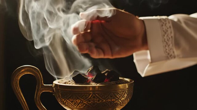 Close-up of an Arab man's hand waving smoke from a golden incense burner. Traditional bakhoor ritual with glowing charcoal and fragrance. Ramadan and Eid celebration concept