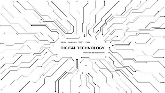 White seamless motherboard pattern with central space for typography. Abstract PCB design featuring connections, lines, and modern technological elements. Digital vector illustration