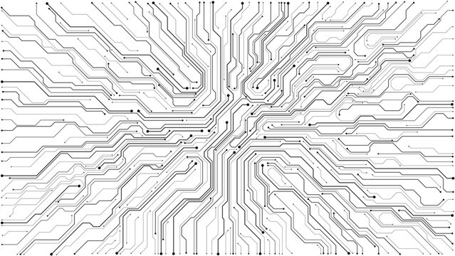 Digital circuit board background showcasing white electronic patterns. Vector tech design with semiconductor lines, motherboard elements, and modern circuitry composition. Digital vector illustration
