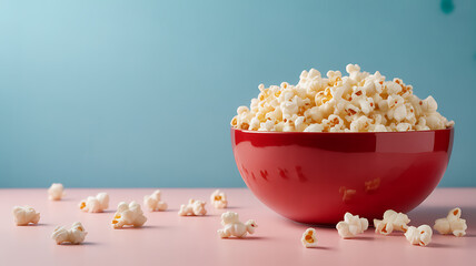 A vibrant red bowl overflowing with fluffy popcorn on a pink surface with scattered kernels against a soft blue background with movie night and snack