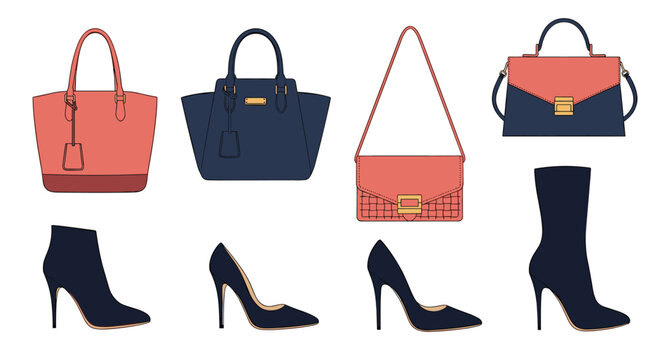 Elegant fashion accessory set for women, featuring stylish handbags and high-heeled shoes and boots in a sophisticated pink and navy blue color palette.