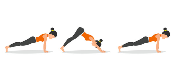 step by step woman doing straight arm plank to pike