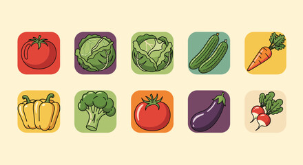 Set of colorful, retro-style icons of various fresh vegetables, including tomato, cabbage, cucumber, carrot, and bell pepper.