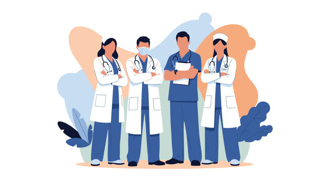 Professional medical team of diverse doctors and nurses standing together with their arms crossed, representing unity and healthcare.