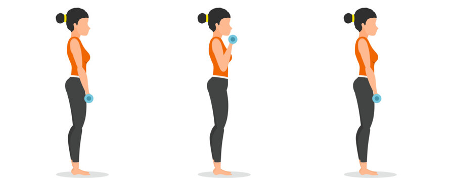 step by step women do dumbbell weight lifting exercises while standing
