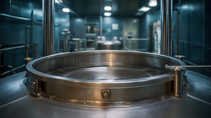 Close up of a large polished stainless steel tank in a modern industrial setting