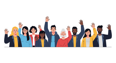 Obraz premium Large and diverse group of smiling people from different ethnicities and ages standing together and waving their hands in a friendly greeting.