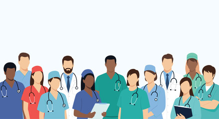 Obraz premium Large, diverse team of healthcare professionals, including doctors and nurses of various ethnicities, standing together as a unified medical force.