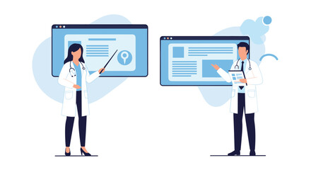 Fototapeta premium Male and female doctors giving a medical presentation, pointing at information displayed on large digital screens or whiteboards in a clinic.