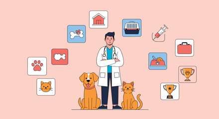Male veterinarian standing with a dog and a cat, surrounded by icons representing pet care services like grooming, food, health, and rewards.