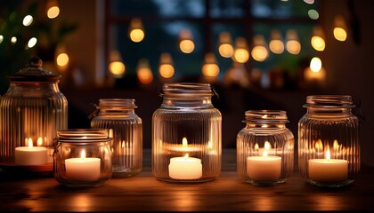 soft candlelight creates a warm atmosphere in a dimly lit room filled with glowing glass jars at night