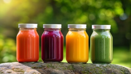 colorful smoothie bottles outdoors on a stone with a blurred green background
