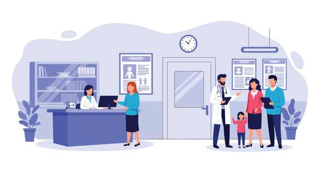 Busy hospital or clinic reception area with patients, a family talking to a doctor, and a receptionist working at the front desk.