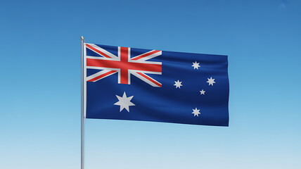 Australian flag waving on a clear blue sky background with a silver pole, symbolizing national pride and patriotism in australia with flag of Australia