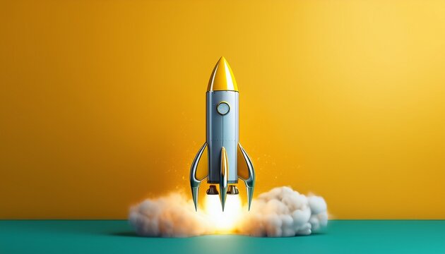 launch your dreams with this modern rocket against a vibrant yellow backdrop perfect for startups innovation and taking off to new heights in business and creative projects today