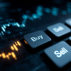 Studio shot of illuminated Buy and Sell keyboard buttons with charts in background, representing active stock trading and market engagement.