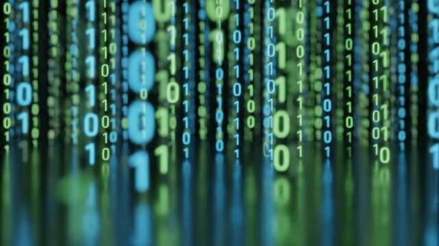 Abstract digital rain of binary code, green and blue numbers falling in vertical streams