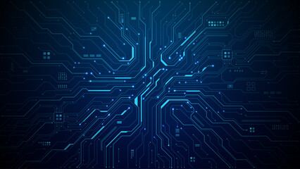 Blue circuit board pattern with digital chip elements and tech lines on dark background. Modern semiconductor design for technology concepts. Digital technology vector background. 
