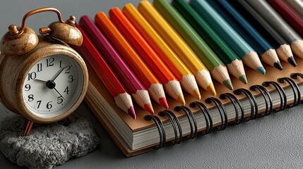 Creative Time Management Concept with Rainbow Colored Pencils on Spiral Notebook and Vintage Alarm Clock for Back to School and Productivity Design