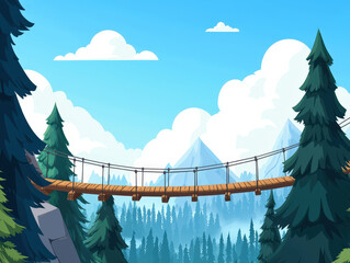 Fototapeta premium Forest canopy walk wooden bridge suspended path mountain pine tree adventure serene sky