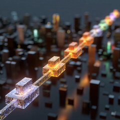 Stylised blockchain chain floating above a city, with each block glowing with coins, symbolising secure transactions, decentralised finance, and modern banking.