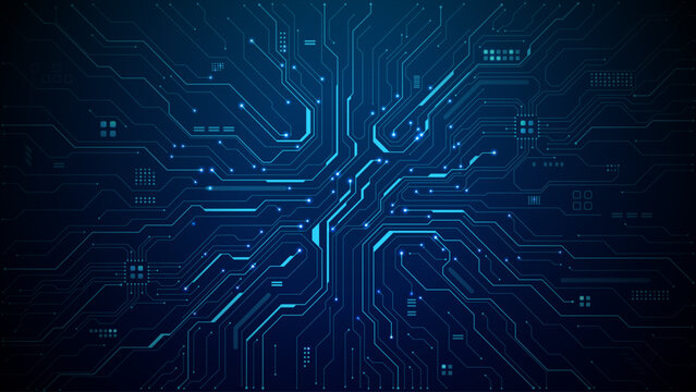 Blue circuit board pattern with digital chip elements and tech lines on dark background. Modern semiconductor design for technology concepts. Digital technology vector background. 