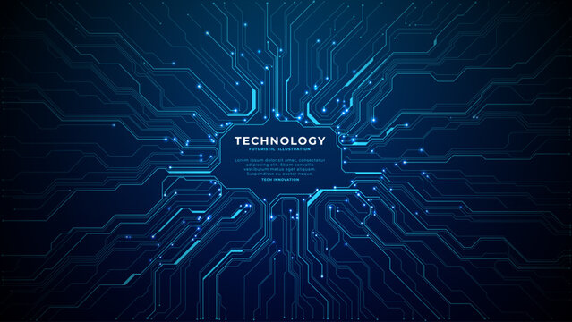 Blue circuit board design with electronic chip components and data lines creating futuristic tech pattern on dark digital background. Digital technology vector background. 