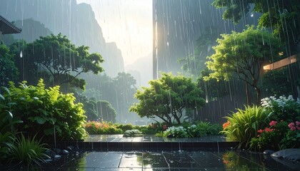 a rain-filled background, crystal-clear raindrops falling naturally