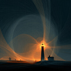 Stylized lighthouse silhouette projecting glow radiant fractal outlines across landscape surrealistic free fresh icon human presence omitted.