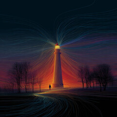 Stylized lighthouse silhouette projecting glow radiant fractal outlines across landscape surrealistic free fresh icon human presence omitted.