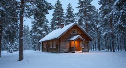 Cozy Cabin Glows in Snowy Finnish Forest at Twilight