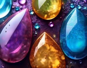 abstract colorful gems and droplets texture close up shot