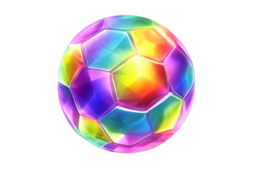 Soccer ball creating vibrant rainbow light effect with colorful facets and transparent background