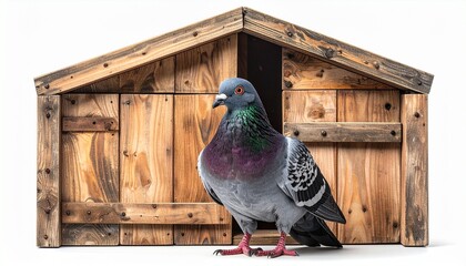 a pigeon standing calmly in front of a small box-shaped house door
