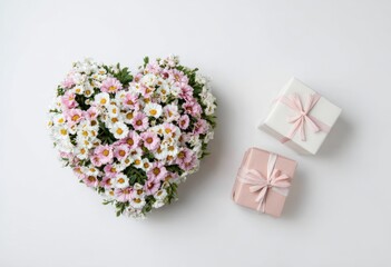 Obraz premium Heart-shaped floral arrangement with gift boxes on white background