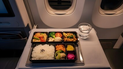 Airplane Meal Served on a Tray with Rice and Side Dishes.