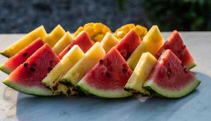 Fresh Watermelon Slices Arranged on Plate Outdoors
