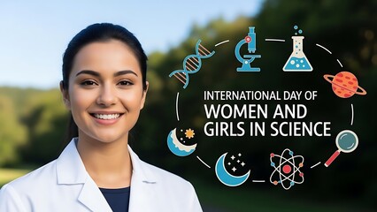 Smiling woman in lab coat celebrating international day of women and girls in science with icons