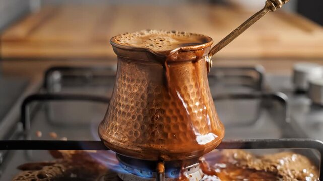 Turkish coffee boiling over in a copper cezve. Hot drink spilling on a gas stove while brewing. Traditional coffee making process