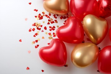 Valentine's Day background with red and gold heart balloons and confetti. Romantic party decoration flat lay with copy space for text