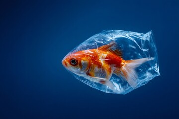 A goldfish trapped inside a plastic bag. Powerful concept of ocean pollution and environmental damage. Marine life in danger with copy space
