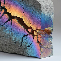 Surface designed in cracked volcanic glass but with iridescent rainbow colors seeping out of crevices, surreal radiant lively fresh design unique object.
