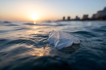 Plastic bag pollution in the ocean at sunset. Discarded trash floating in the sea with a city skyline in the background. Environmental contamination concept