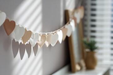 Handmade paper heart garland decoration hanging on a wall. Romantic Valentine's Day or wedding decor with sunlight and shadows. Cozy and minimalist home interior concept