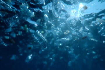 Plastic pollution in the ocean with bottles and waste floating underwater. Environmental problem of water contamination and ecological disaster