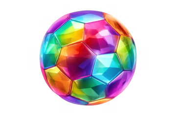 Soccer ball design showing colorful faceted jewel pattern for celebration, sport, and gaming concepts on transparent background