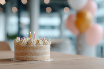 Birthday cake with lit candles and sprinkles on a wooden table. Celebration in a modern office background with balloons. Copy space
